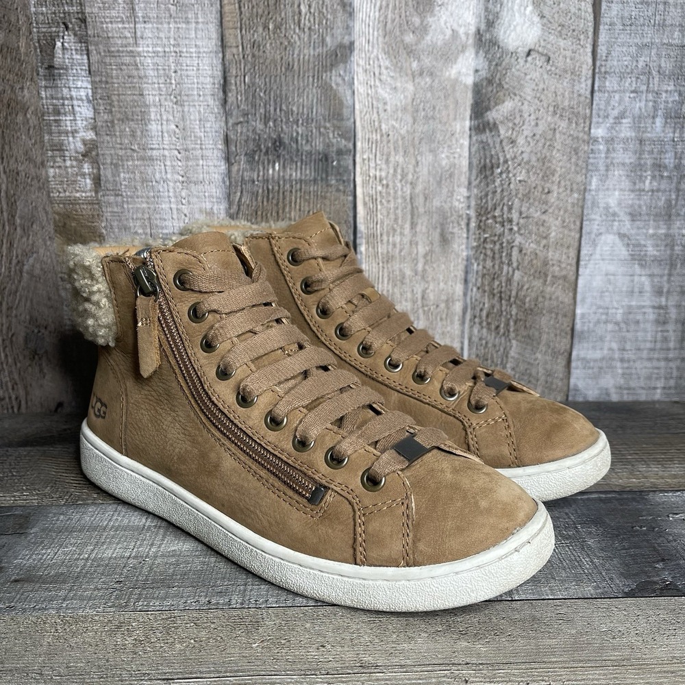 Womens Ugg Alameda Brown Leather Lace Up Zip Mid Sherpa Sneakers Shoes Size 7.5